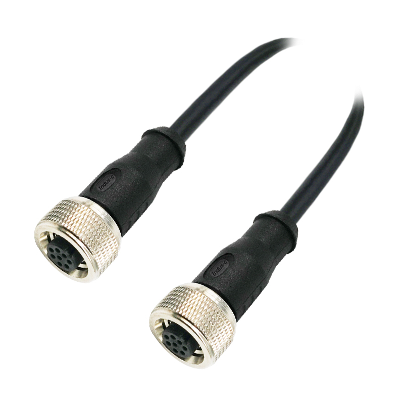 Push-pull m12 8pins A code female to female straight molded cable,unshielded,PVC,-40°C~+105°C,22AWG 0.34mm²,brass with nickel plated screw